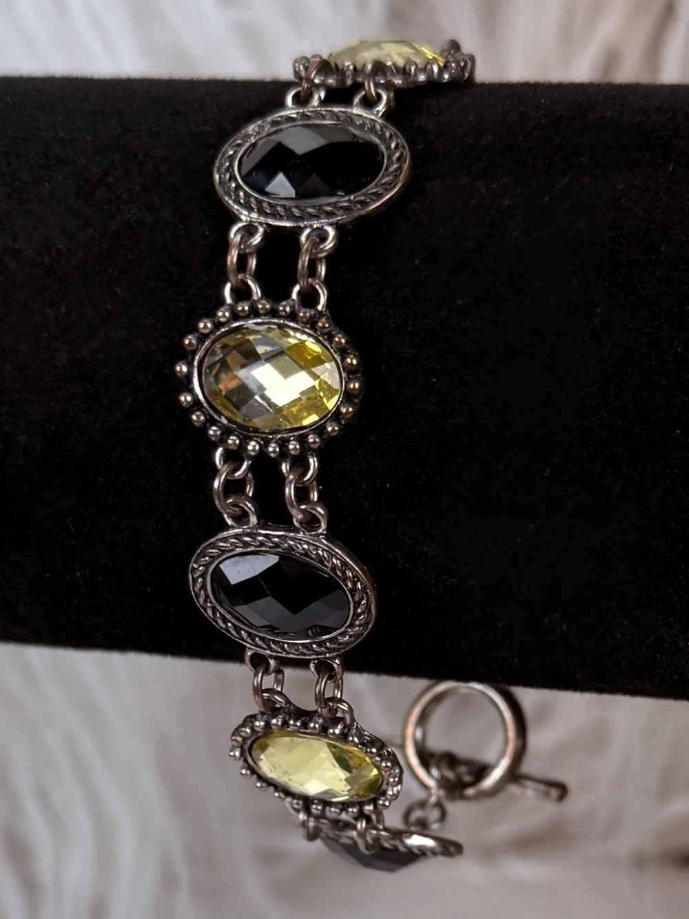 Vintage aged Silvertone Yellow Black Bling Accents Link Toggle Closure Bracelet